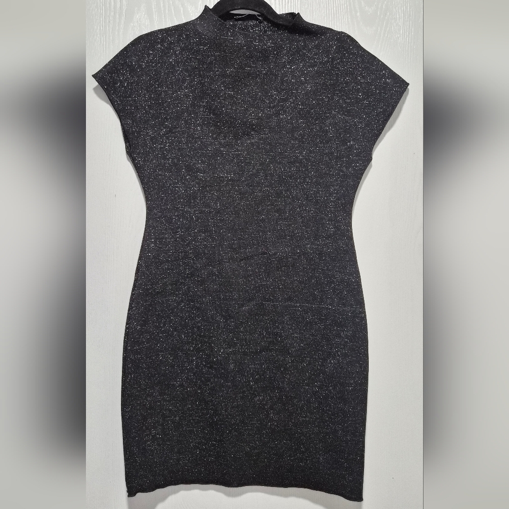 Zara Metallic Black Knit Shimmer Mock Neck Mini Dresd Size Large